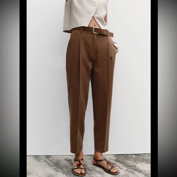 Zara brown belted flowy pants - Picture 2 of 7
